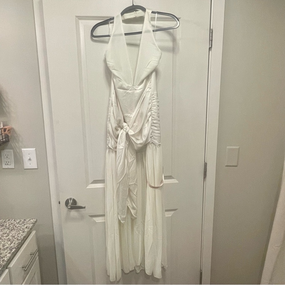 NWT! Meshki Graziana Satin Chiffon Plunge Maxi Dress - Picture 7 of 11